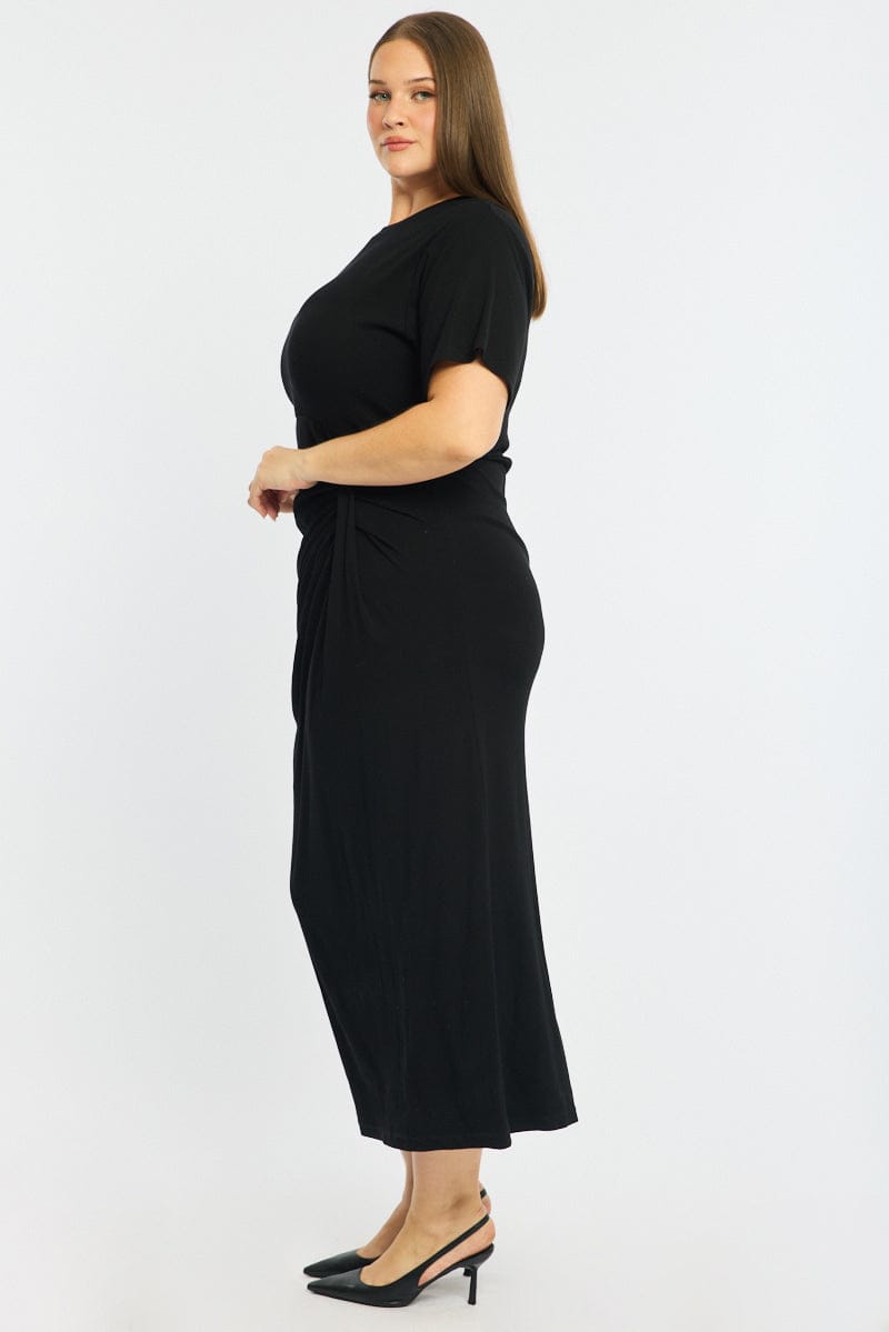 Black Maxi Dress Short Sleeve Twisted Waist Rib