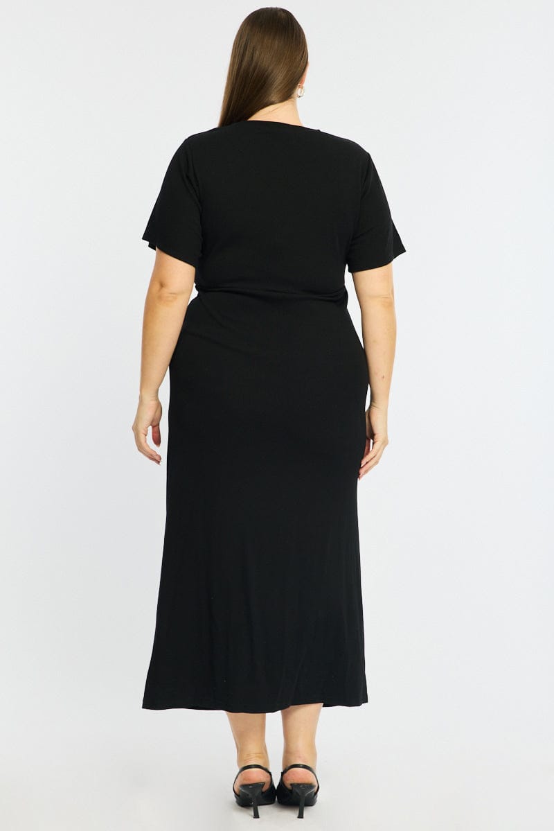 Black Maxi Dress Short Sleeve Twisted Waist Rib