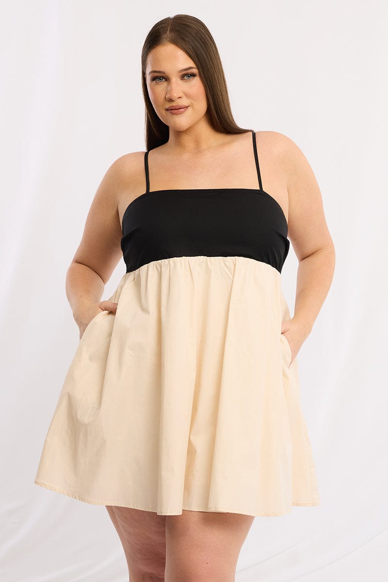 Black Babydoll Contrast Cotton Strappy Minidress