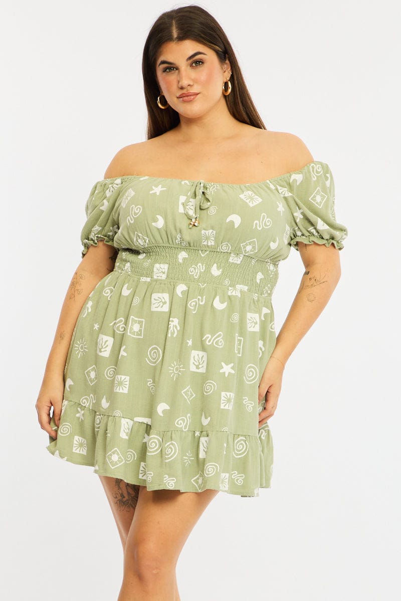 Green Abstract Skater Dress Short Sleeve Linen Blend