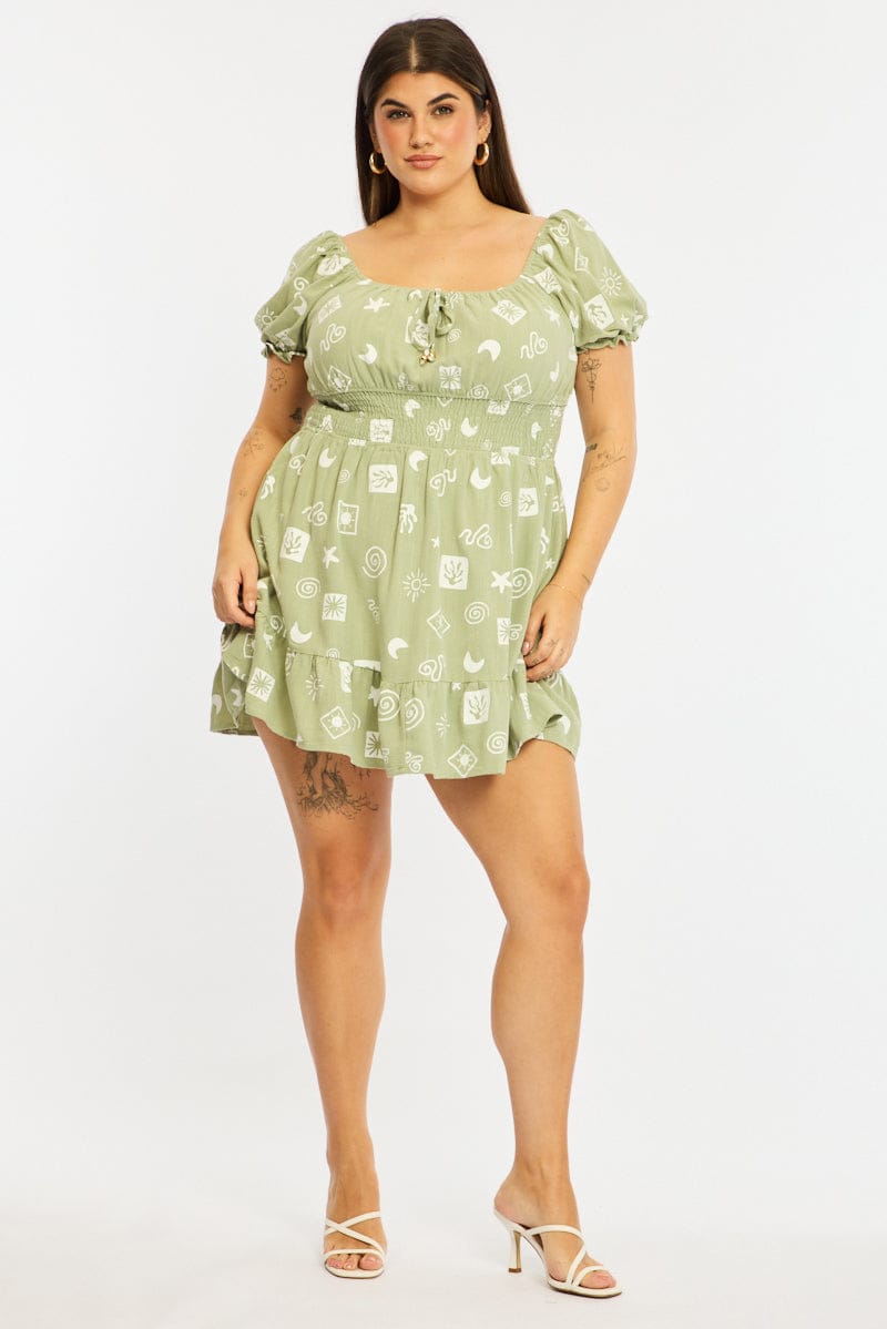 Green Abstract Skater Dress Short Sleeve Linen Blend