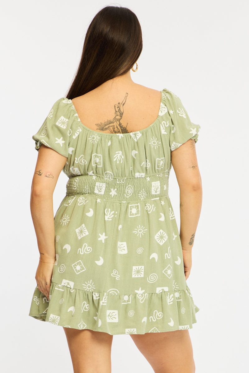 Green Abstract Skater Dress Short Sleeve Linen Blend