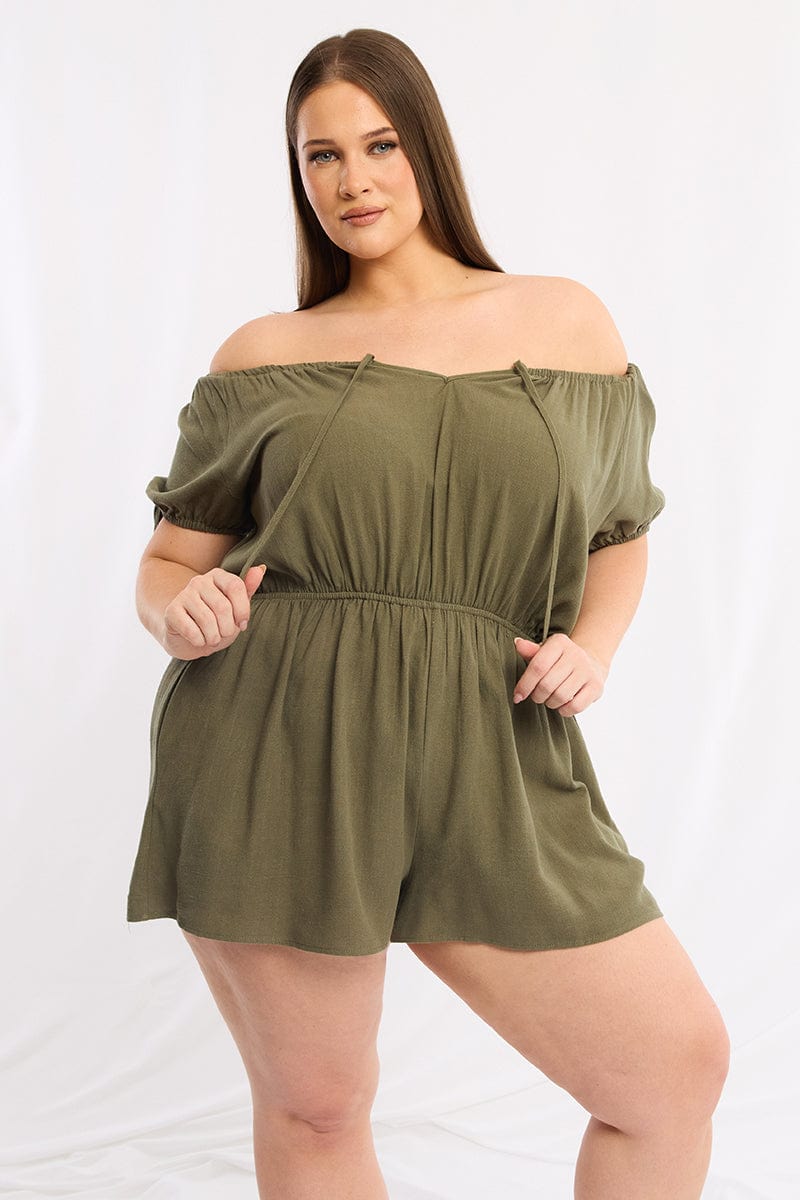 Green Playsuit Short Sleeve Linen Blend