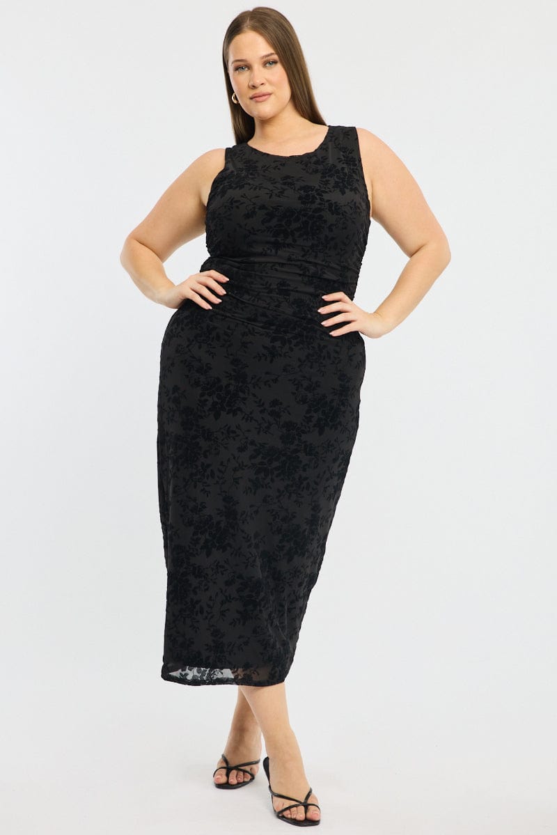Black Sleeveless Side Ruched Burnout Bodycon Maxi Dress