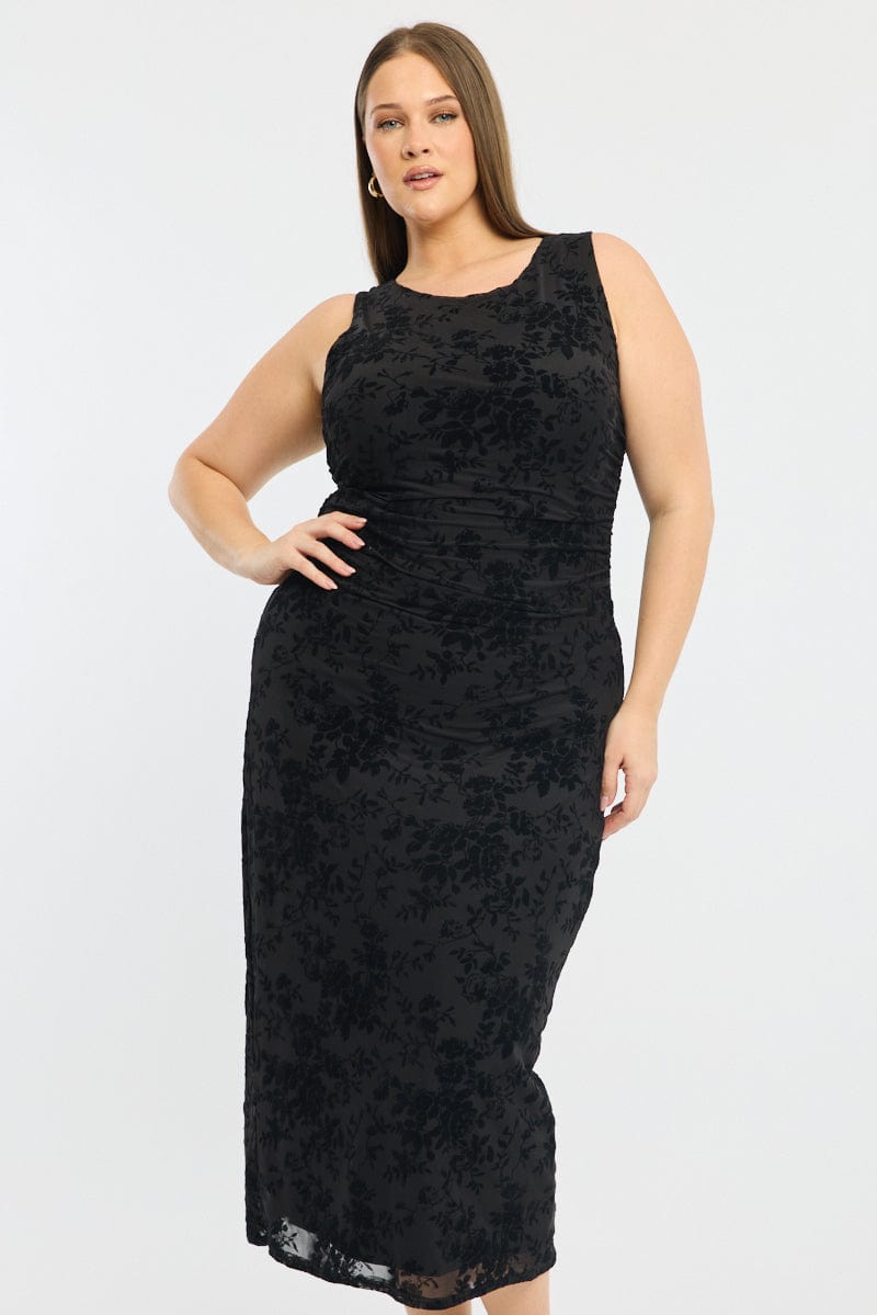 Black Sleeveless Side Ruched Burnout Bodycon Maxi Dress