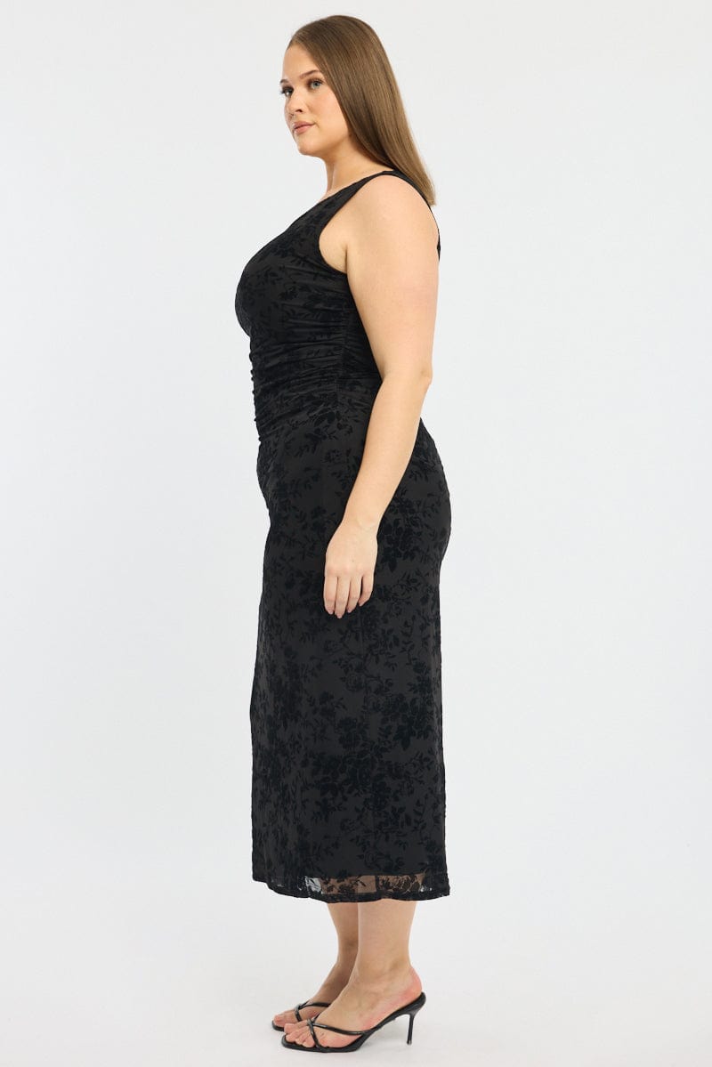 Black Sleeveless Side Ruched Burnout Bodycon Maxi Dress