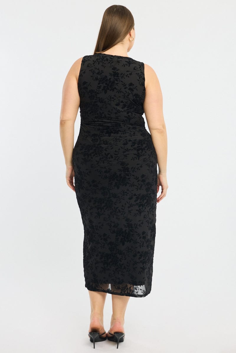 Black Sleeveless Side Ruched Burnout Bodycon Maxi Dress