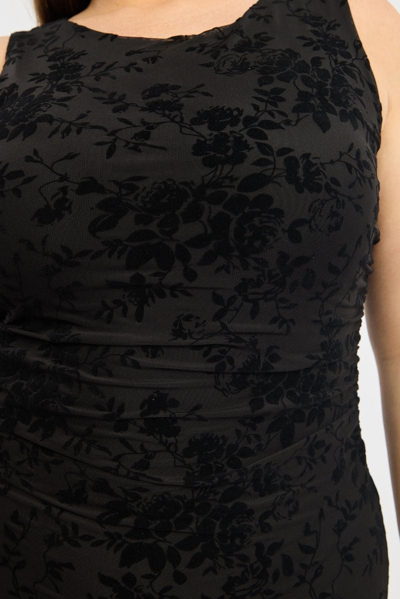 Black Sleeveless Side Ruched Burnout Bodycon Maxi Dress