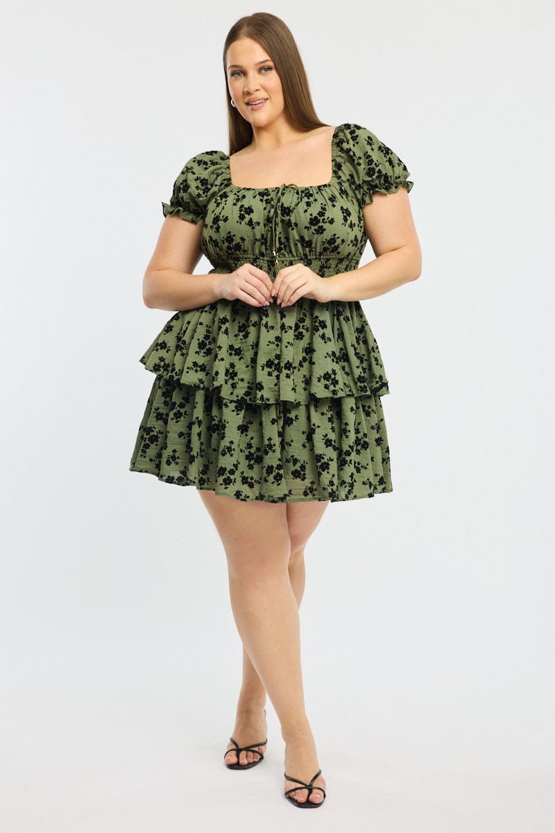 Green Ditsy Puff Sleeve Shirred Waist Minidress
