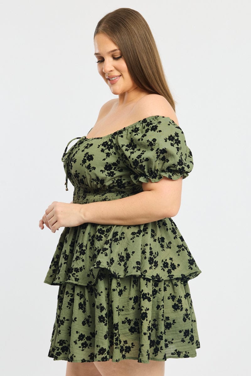 Green Ditsy Puff Sleeve Shirred Waist Minidress