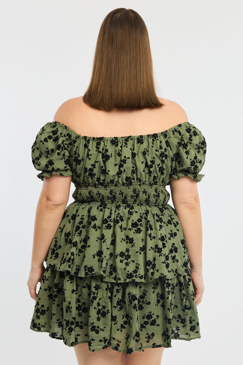 Green Ditsy Puff Sleeve Shirred Waist Minidress