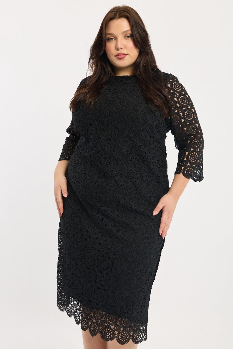 black lace bodycon dress plus size Peekaboo Crochet Lace Sheath Dress in Black- Plus Size