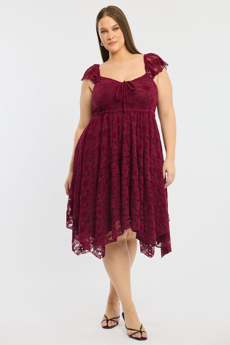 Red Midi Dress Short Sleeve Hanky Hem