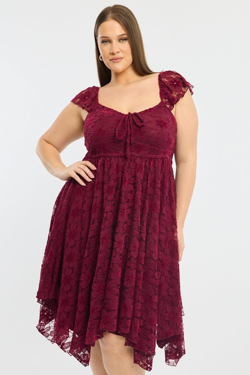 Red Midi Dress Short Sleeve Hanky Hem