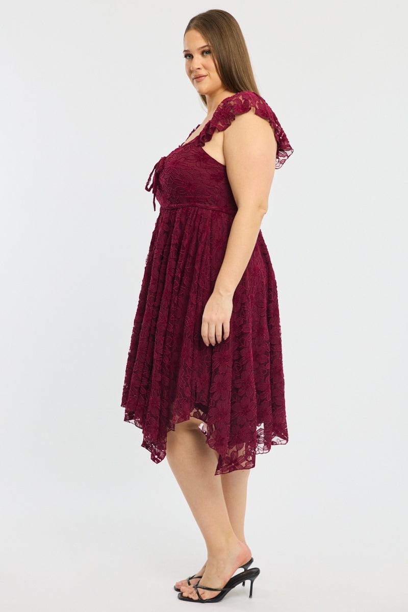 Red Midi Dress Short Sleeve Hanky Hem