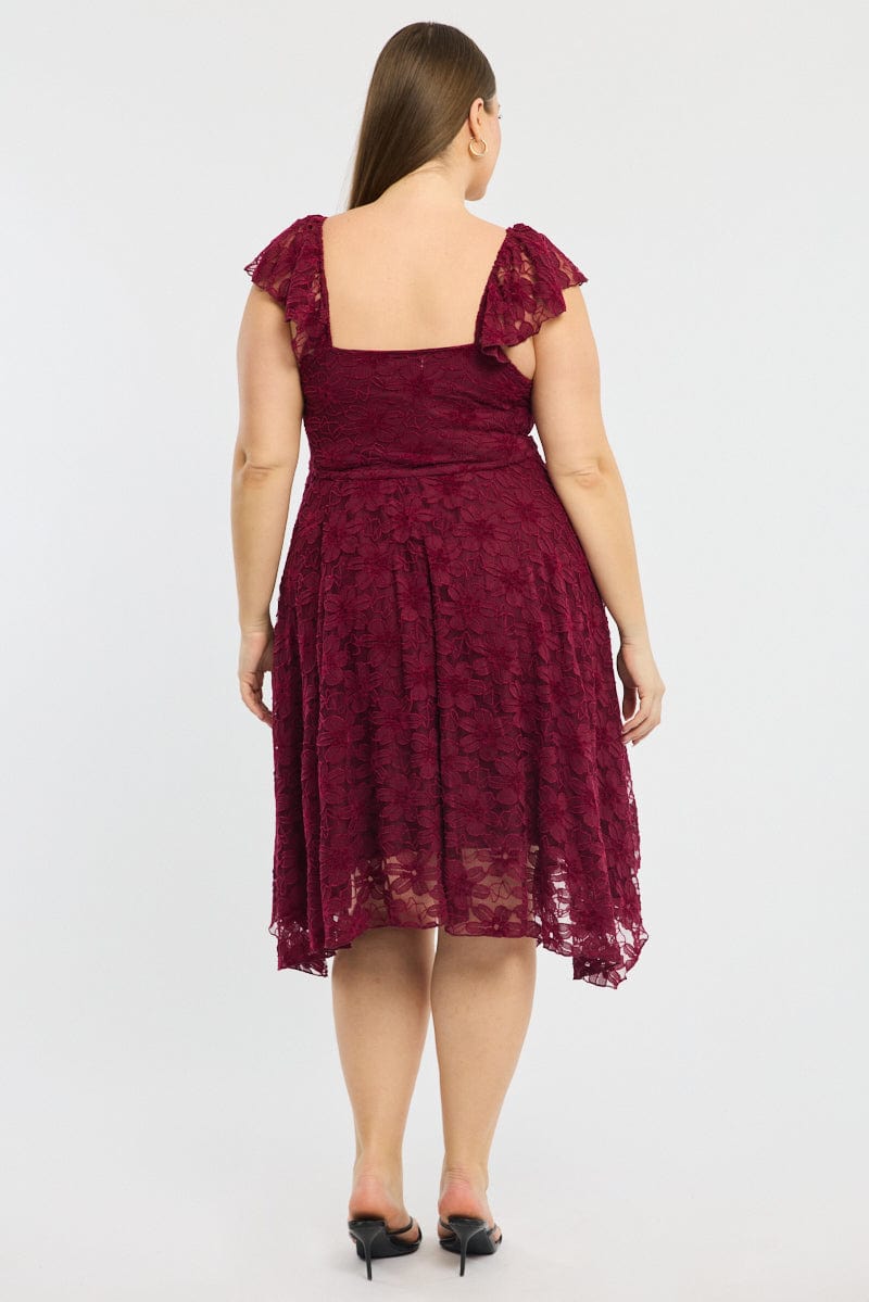 Red Midi Dress Short Sleeve Hanky Hem