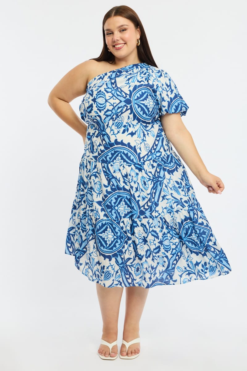 Blue Abstract Midi Dress One Shoulder