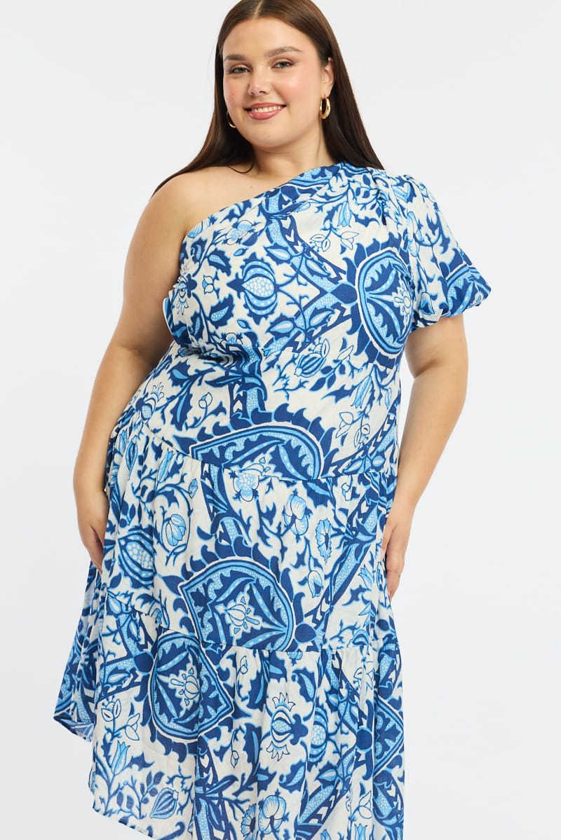 Blue Abstract Midi Dress One Shoulder