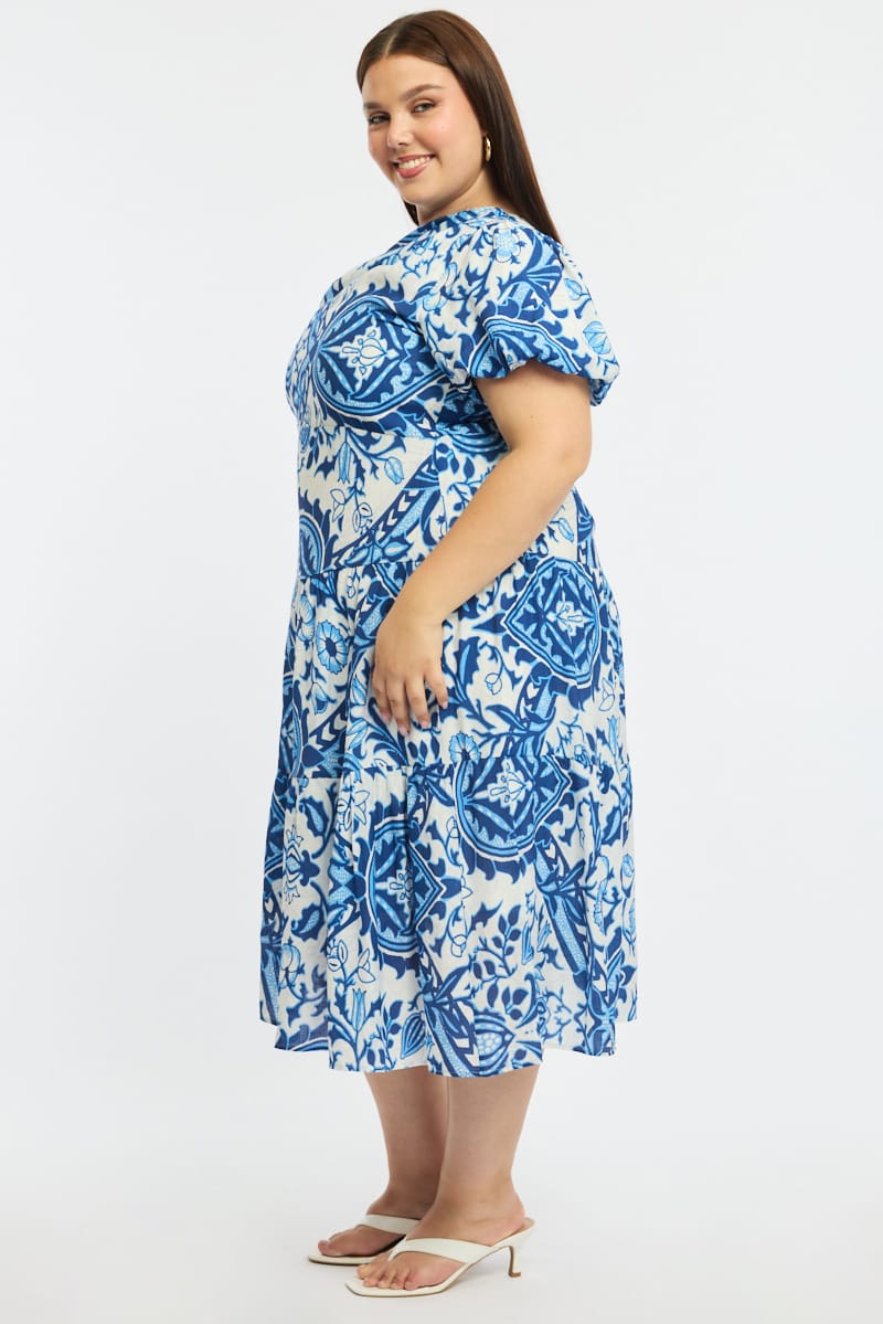 Blue Abstract Midi Dress One Shoulder