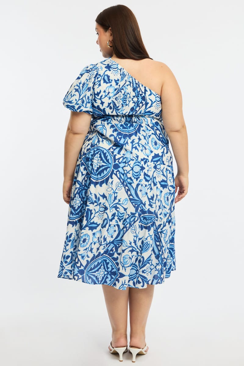 Blue Abstract Midi Dress One Shoulder