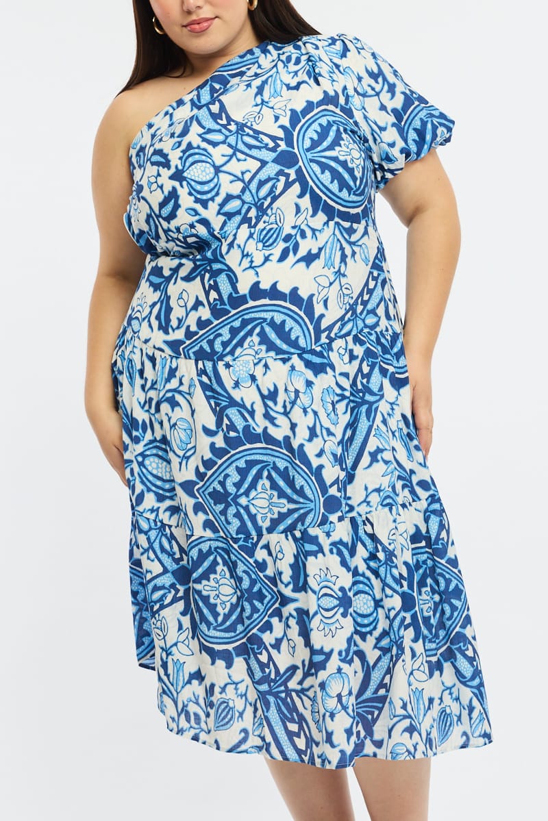 Blue Abstract Midi Dress One Shoulder