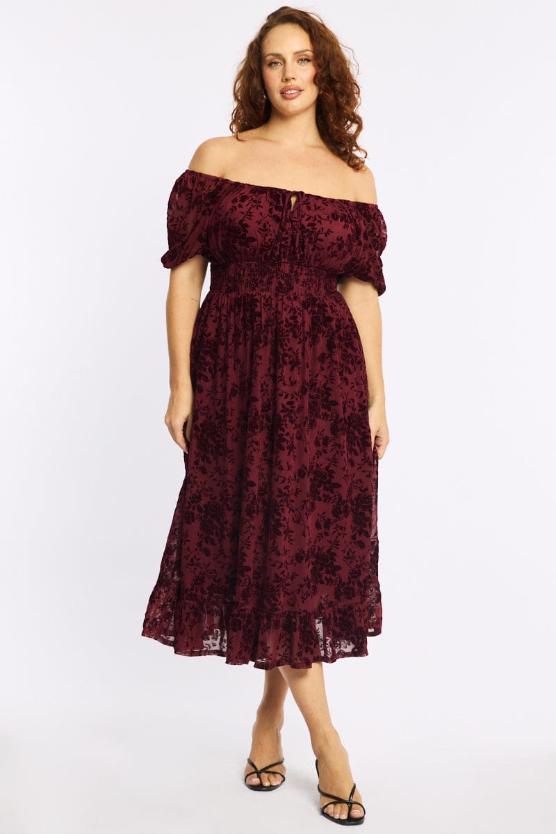 Red Floral Midi Dress Short Sleeve Mesh