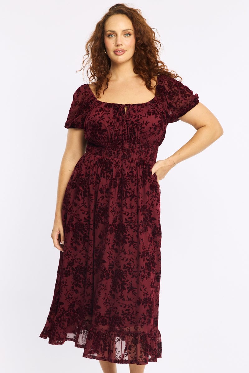 Red Floral Midi Dress Short Sleeve Mesh