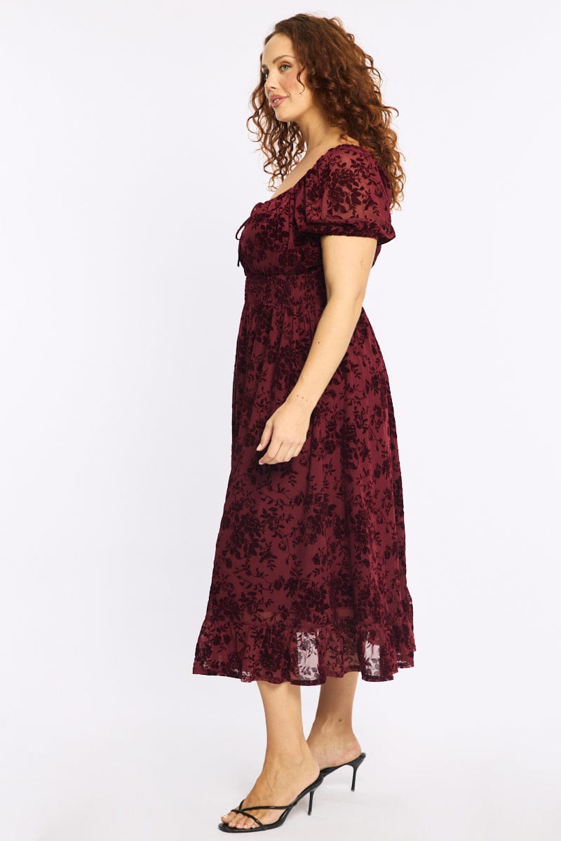 Red Floral Midi Dress Short Sleeve Mesh
