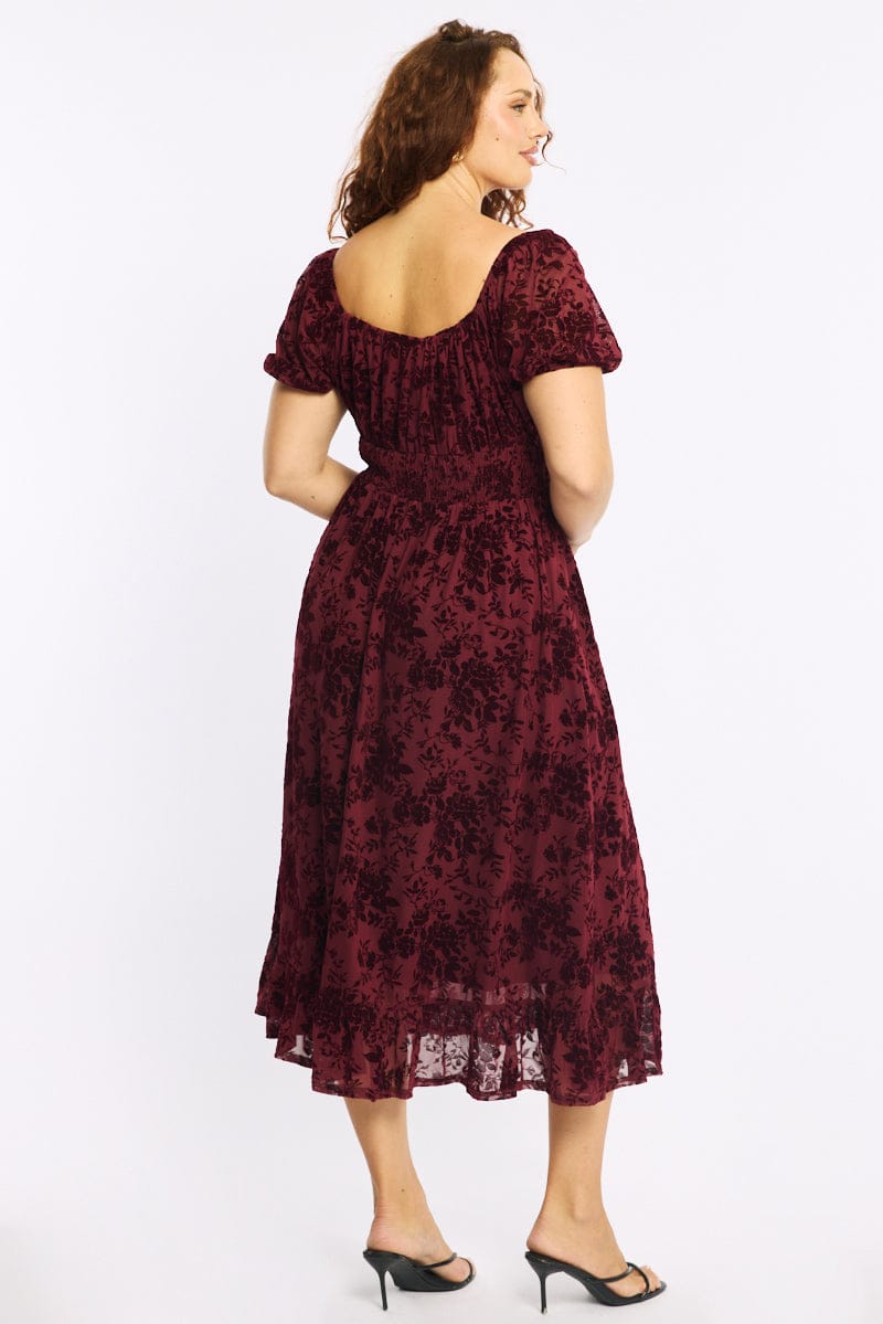 Red Floral Midi Dress Short Sleeve Mesh