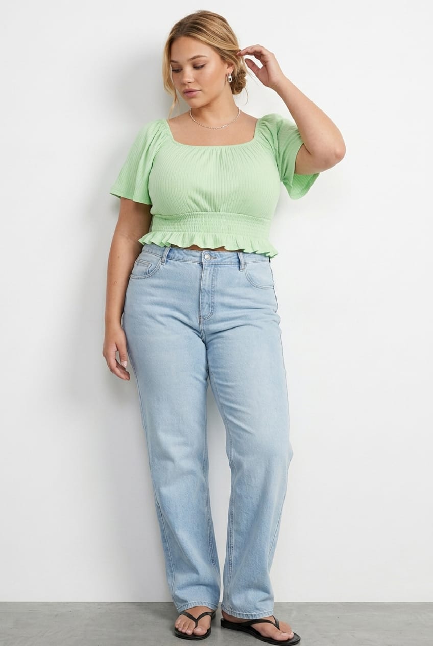 Green Peasant Top Short Sleeve Shirred Jersey