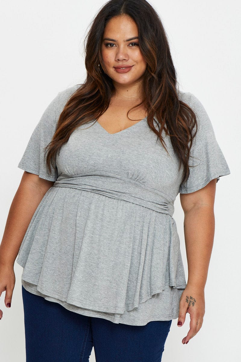Plus Size Grey Layered Top V-Neck Flutter Sleeve | You + All | Shop ...