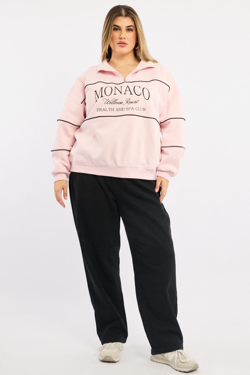 Pink Sweatshirt Long Sleeve Half Zip