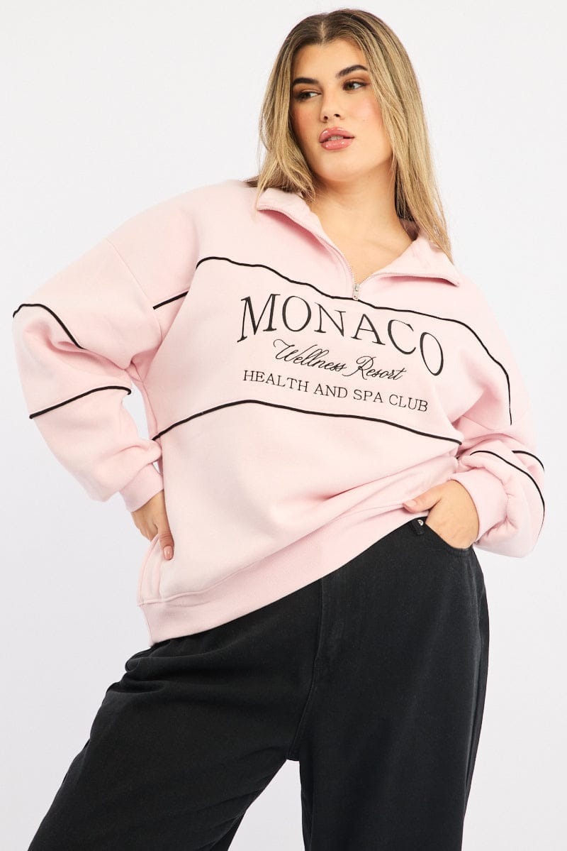 Pink Sweatshirt Long Sleeve Half Zip