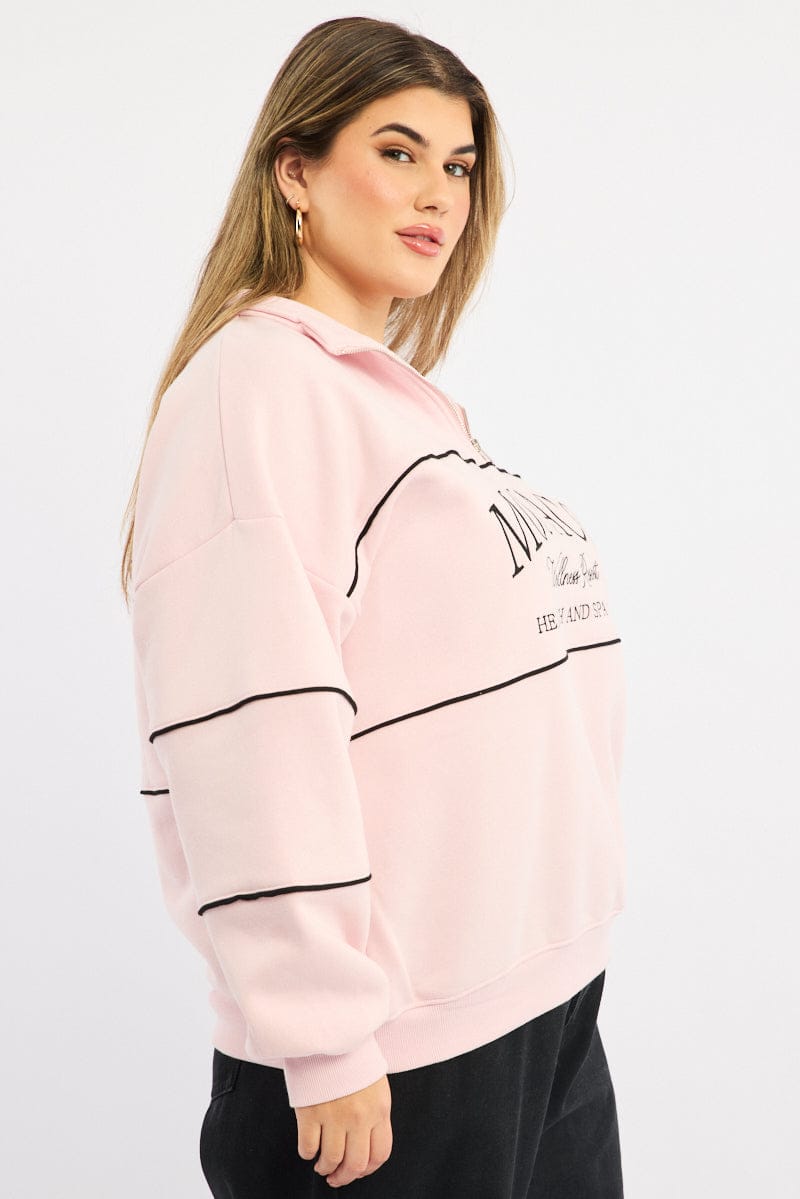 Pink Sweatshirt Long Sleeve Half Zip