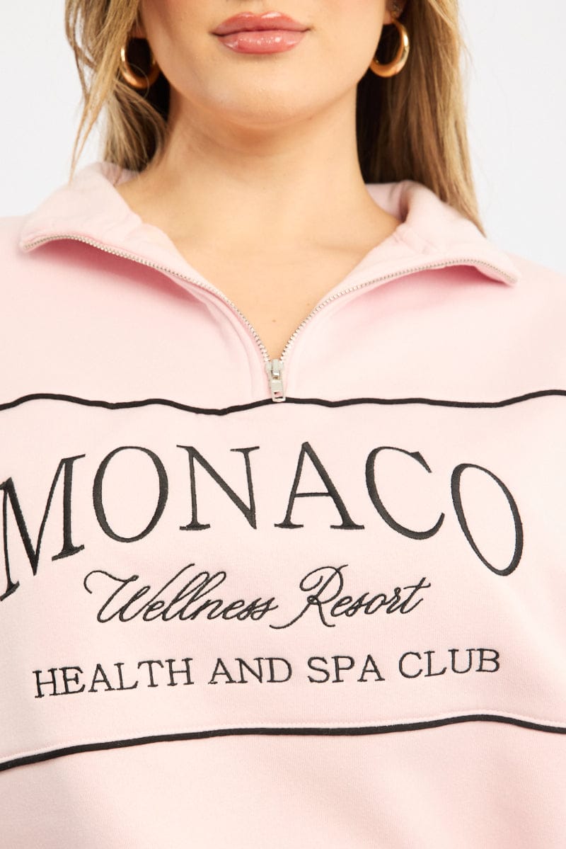 Pink Sweatshirt Long Sleeve Half Zip