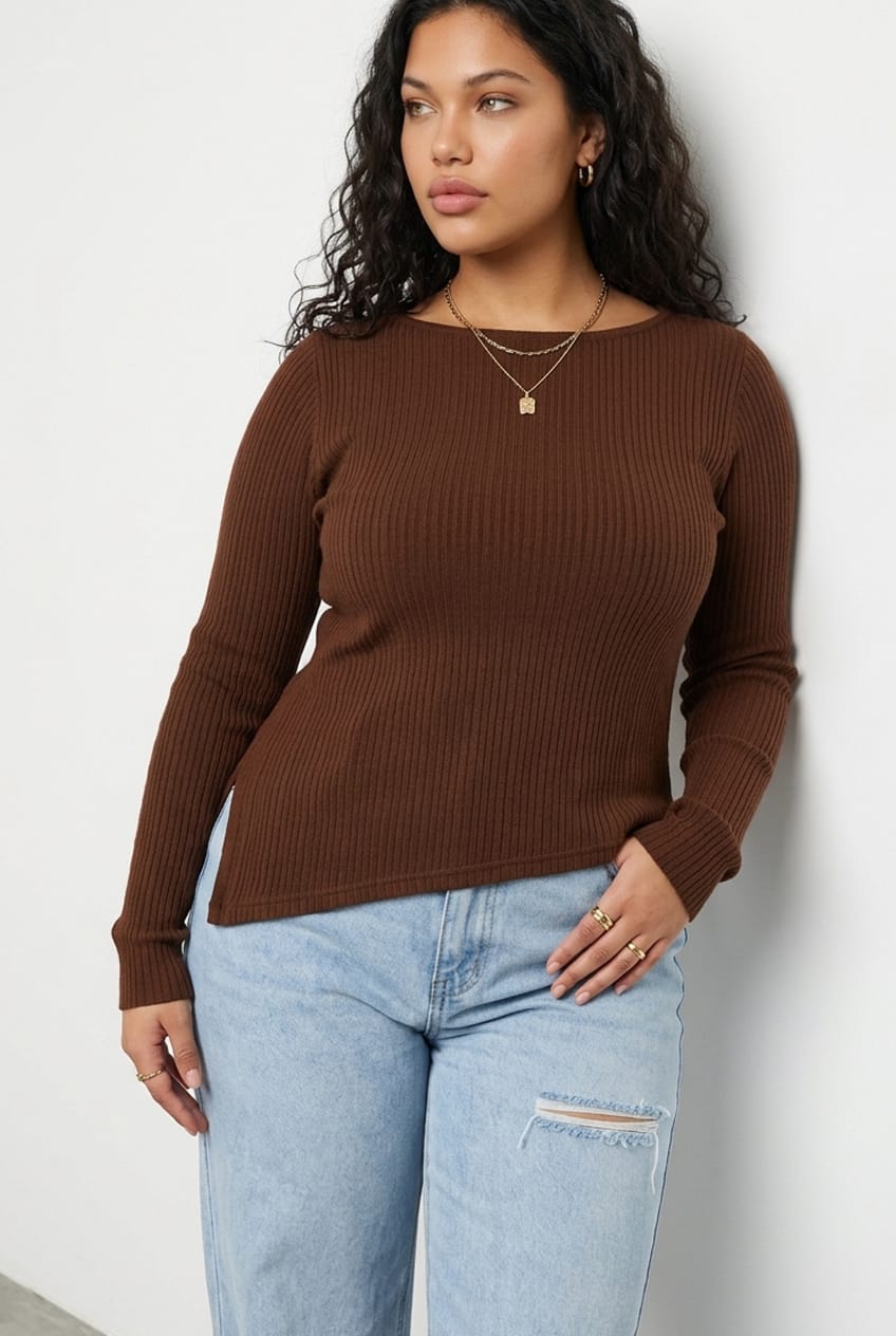 Brown Rib Top Asymmetric Long Sleeve
