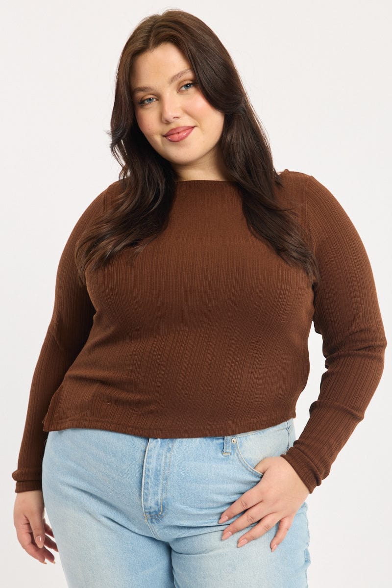Brown Rib Top Asymmetric Long Sleeve