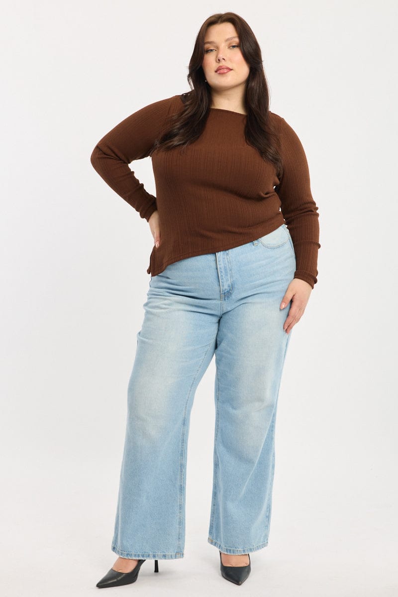 Brown Rib Top Asymmetric Long Sleeve