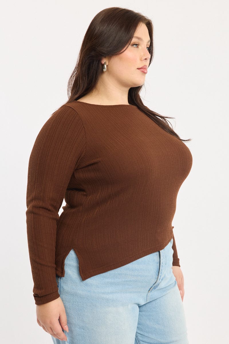 Brown Rib Top Asymmetric Long Sleeve