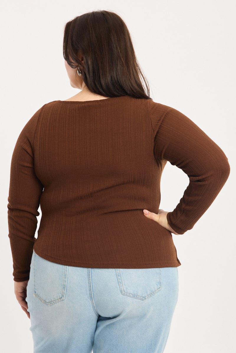 Brown Rib Top Asymmetric Long Sleeve