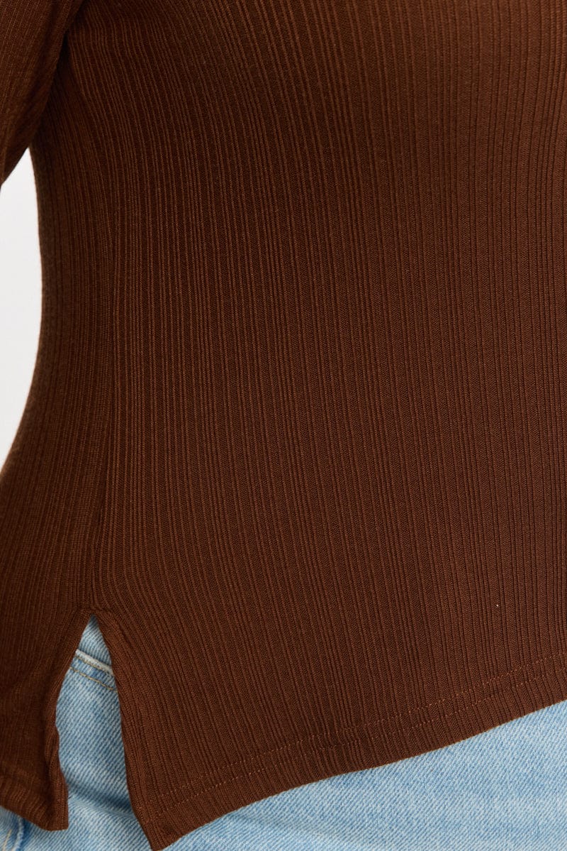 Brown Rib Top Asymmetric Long Sleeve