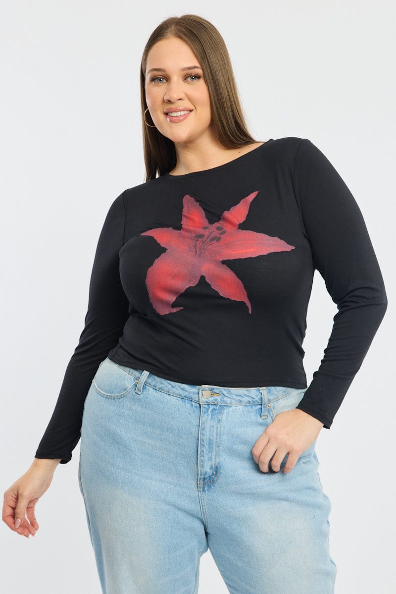 Black Graphic Top Long Sleeve Crew Neck