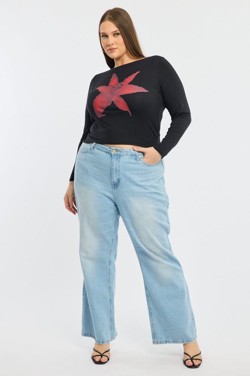 Black Graphic Top Long Sleeve Crew Neck