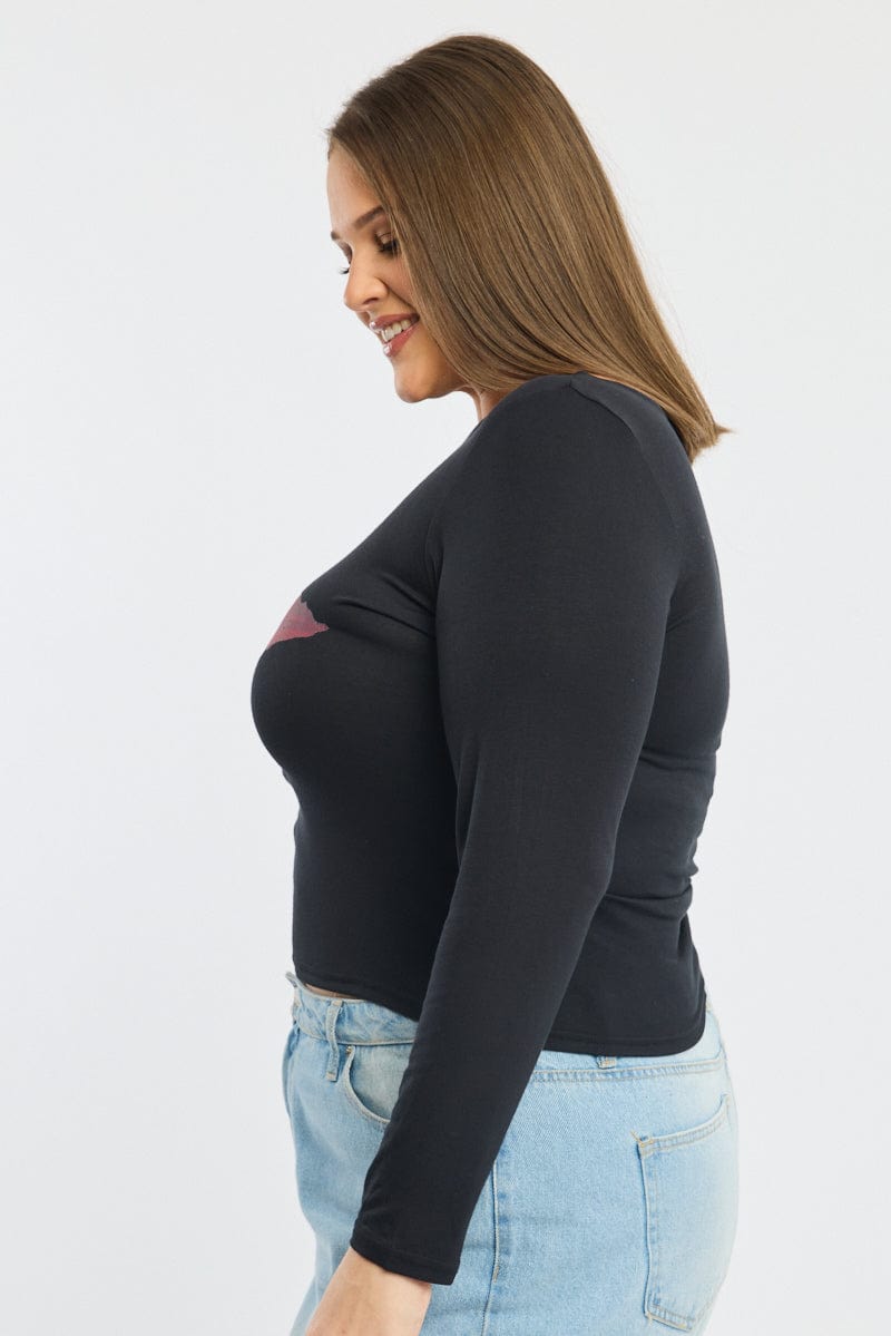 Black Graphic Top Long Sleeve Crew Neck