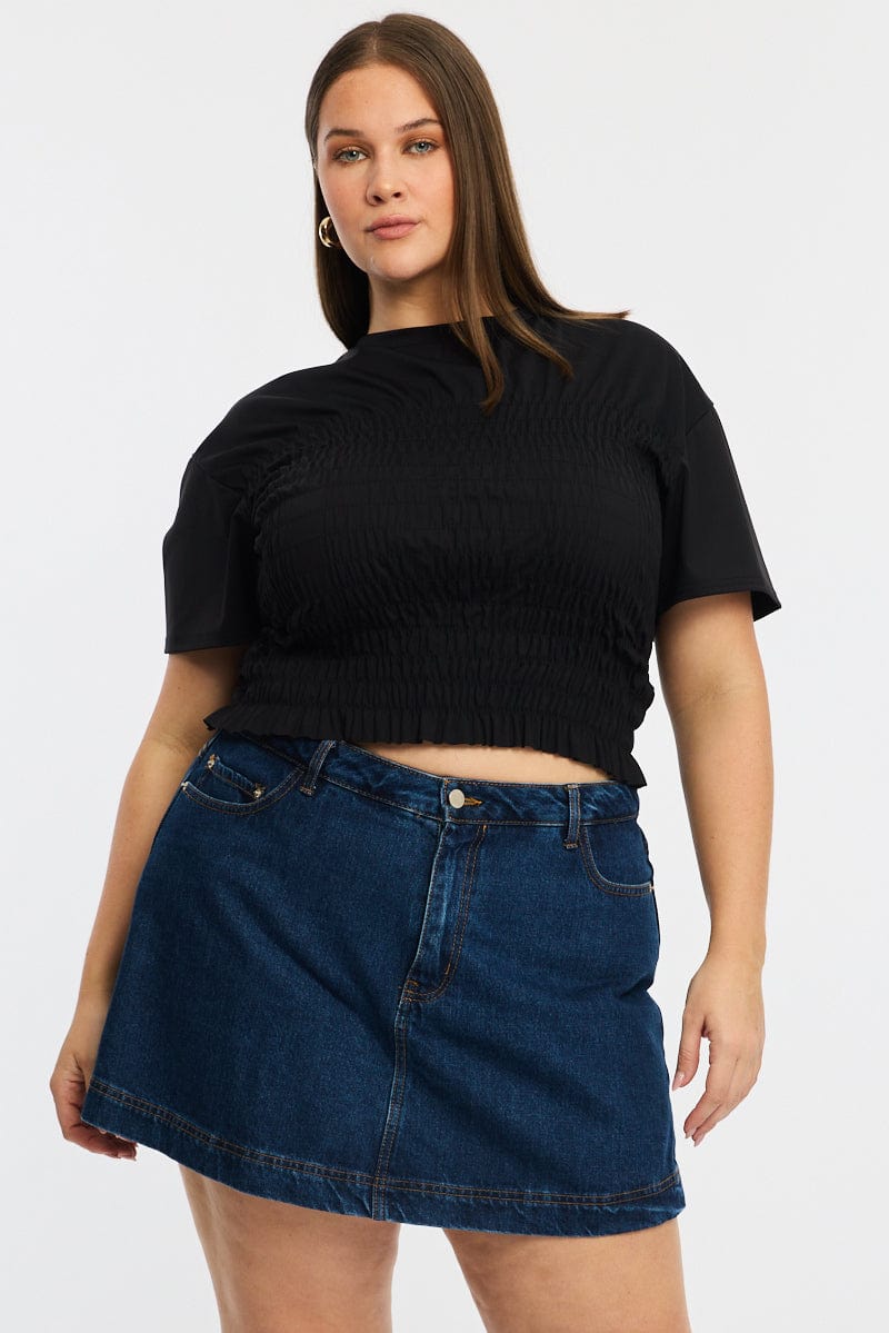 Black Ruched Top Short Sleeve Crew Neck