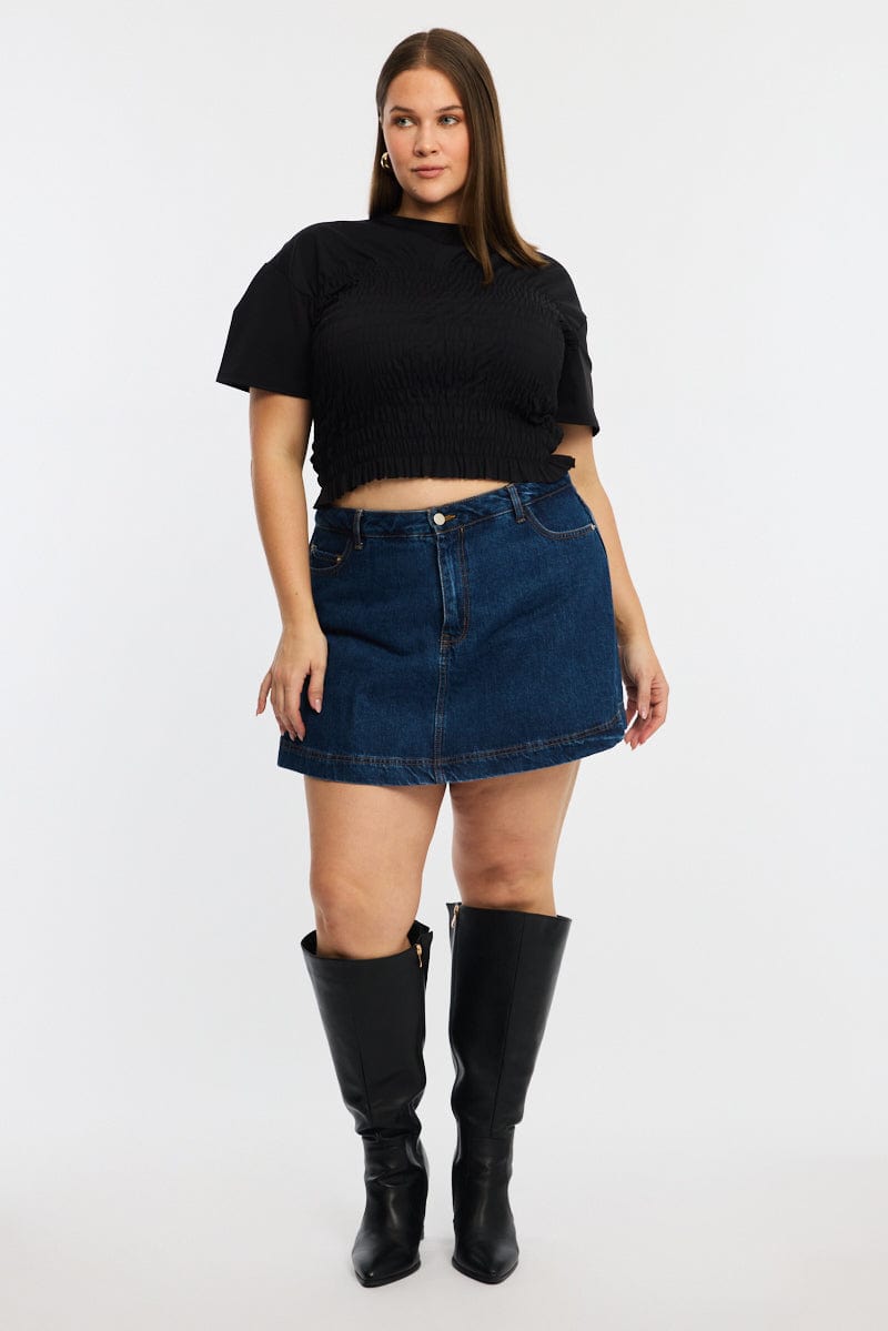Black Ruched Top Short Sleeve Crew Neck