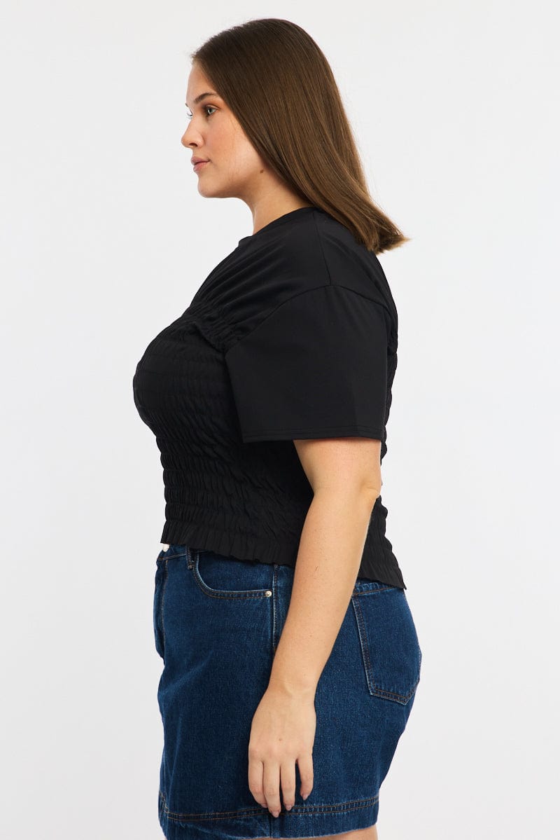 Black Ruched Top Short Sleeve Crew Neck