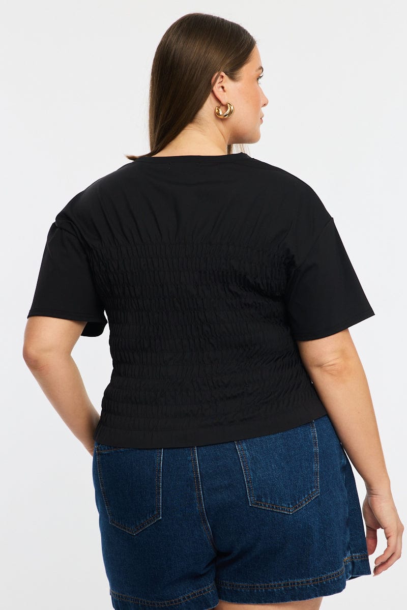 Black Ruched Top Short Sleeve Crew Neck