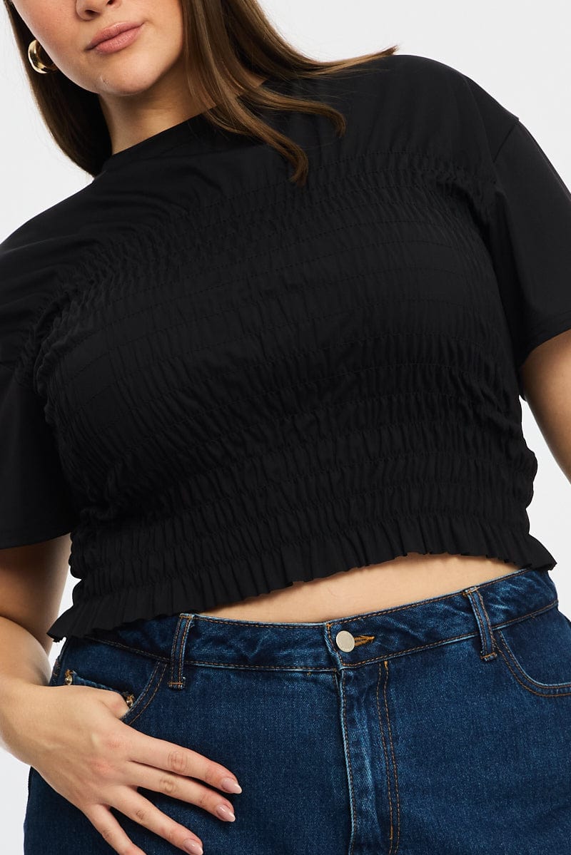 Black Ruched Top Short Sleeve Crew Neck