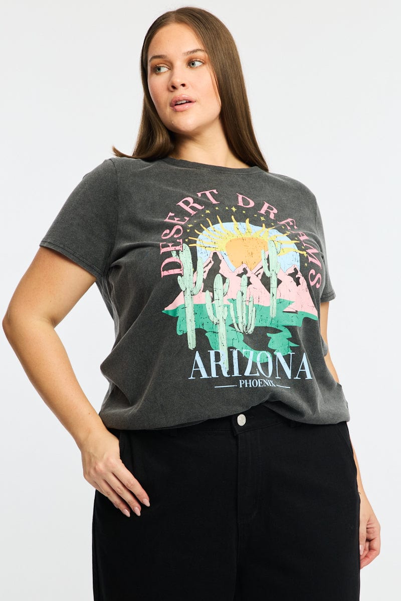 Grey Graphic T-shirt Short Sleeve Crew Neck